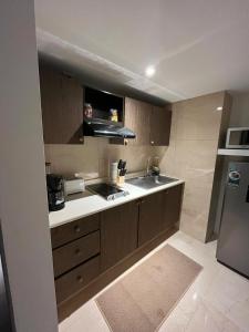 瓦哈卡市Zen Suites by Regente的一间带水槽和冰箱的小厨房