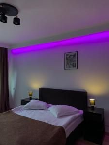 锡纳亚Residence SINAIA Apartments的卧室配有一张带紫色灯的墙壁床。
