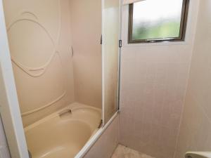霍利黑德Fron Dderw Caravan的带淋浴和卫生间的浴室