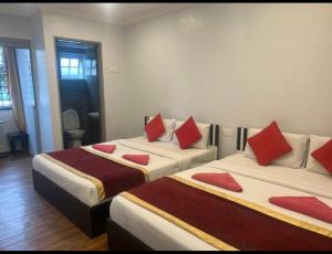 丹那拉打ESM Hotel的宿舍间内的两张床,配有红色枕头