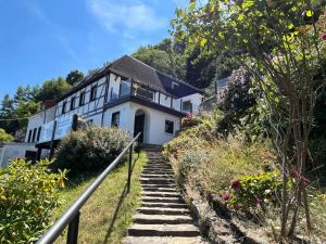 柯尼希施泰因易北Saechsische-Schweiz-Ferienhaus-Wohnung-1-mit-Elbblick-Sauna-und-Kamin的山边的房屋,有楼梯