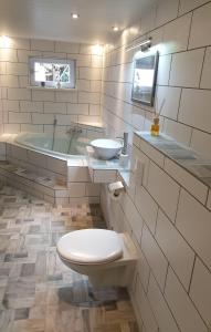 柯尼希施泰因易北Saechsische-Schweiz-Ferienhaus-Wohnung-1-mit-Elbblick-Sauna-und-Kamin的浴室配有卫生间、盥洗盆和浴缸。