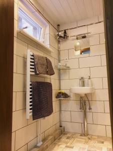 柯尼希施泰因易北Saechsische-Schweiz-Ferienhaus-Wohnung-2-mit-hervorragendem-Panoramablick-ueber-das-Elbtal的一间带水槽和镜子的小浴室