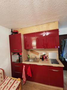 MieussyStudio les fleury的一个带红色橱柜和水槽的小厨房