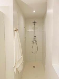 莱昂贝格FeWo Silberberg im Loftstil mit Terrasse的白色的浴室设有毛巾和淋浴