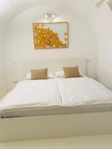 莱昂贝格FeWo Silberberg im Loftstil mit Terrasse的墙上画着一张白色的床
