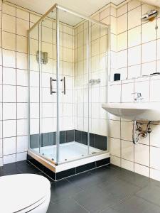 艾森纳赫Schöne ruhige Ferienwohnung - in Eisenach mit Kamin - Nahe Karolinentalbrücke - Hund ja的带淋浴、卫生间和盥洗盆的浴室