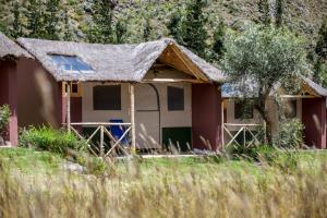 库斯科Inca Trail Glamping的田野上茅草屋顶的房子