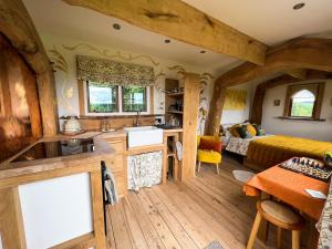 赫里福德The Queen Bee Cabin的树屋中一间设有厨房和卧室的房间