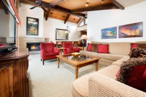 阿斯潘Luxury 1 Bedroom Downtown Aspen Vacation Rental With Access To A Heated Pool, Hot Tubs, Game Room And Spa的带沙发和壁炉的客厅