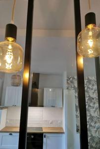 贝莱姆L'Ilot du Perche: Appartement cosy avec jardin的厨房配有两盏灯和冰箱