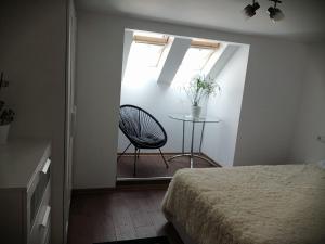 克卢日-纳波卡Lovely loft的一间卧室配有桌子、椅子和窗户