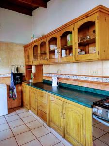 瓦拉斯Casa Tribu的厨房配有木制橱柜和黑色台面