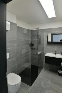 CamaMotel Afia的带淋浴、卫生间和盥洗盆的浴室