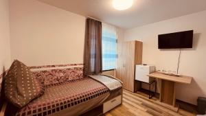 阿尔戈伊地区伊斯尼Sehr zentrales und modernes Zimmer in Isny im Allgäu mit Gemeinschaftsbad的酒店客房设有床和窗户。