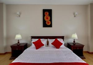 内罗毕飞纳斯花园公寓酒店的一间卧室配有一张带红色枕头的大床