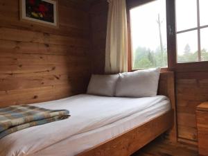 艾德亚耶拉西Kardelen Bungalov Evleri̇的小木屋内的一张床位,设有窗户