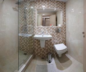普洛耶什蒂皇冠酒店的一间带水槽、卫生间和淋浴的浴室
