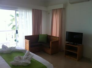 拉迪格岛法国海滨玛丽公寓酒店的酒店客房,配有床和电视