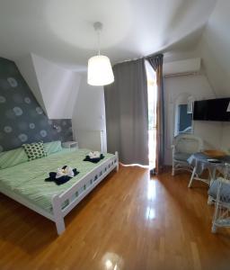 巴拉通雷勒Gabi Apartmanház的一间卧室设有一张床和一间客厅。