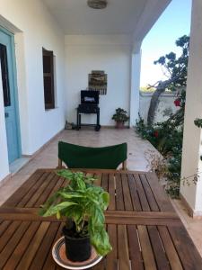 斯基罗斯岛Al Mare Skyros, Fully-equipped house的天井上木桌和植物