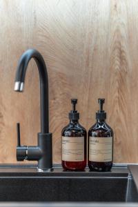 伏尔塔瓦河畔利普诺Apartmán Molo Lipno的厨房水槽上放两瓶肥皂