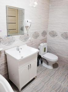 撒马尔罕Durdona Guest House的一间带卫生间、水槽和镜子的浴室