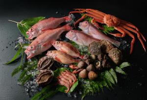 小木Noto Hyakurakusou的桌子上一群鱼和蔬菜