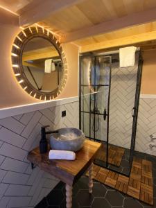 萨潘贾Meselik Park Bungalov的一间带水槽和镜子的浴室