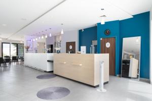 维特罗勒马赛普罗旺斯区机场基里亚德酒店的一间设有蓝色墙壁和台面的房间