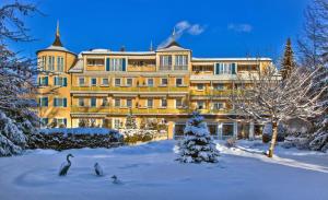 巴特沃里斯霍芬丰特奈城堡酒店的雪中一座大建筑,前面有鸟儿