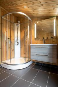 GaustablikkGaustablikk Hytte - MountainView的带淋浴的浴室(带木墙)