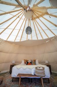 加德纳追梦缇毕豪华帐篷的帐篷内的一张床位,设有天花板