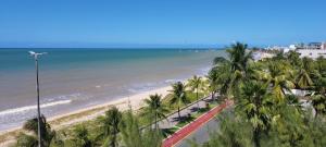 若昂佩索阿Flat à beira mar, charmoso e aconchegante的享有棕榈树海滩和大海的景色