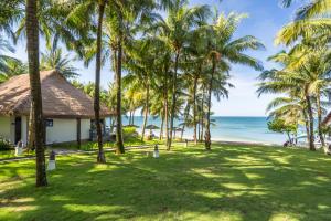 富国L'Azure Resort and Spa的海滩上种有棕榈树的度假村