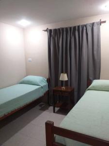 圣米格尔·德·图库玛Tucuman Centro Departamento的一间卧室配有两张床和一张带台灯的桌子