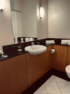 马拉费尔特The Terrace Hotel的一间带水槽、镜子和卫生间的浴室