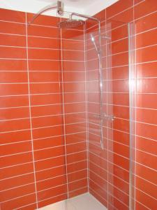 Bougligny莱斯埃库茹斯酒店的浴室设有橙色瓷砖淋浴间。