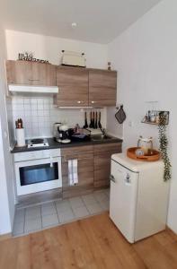 德累斯顿Das kleine Liesl in der Neustadt mit Parkplatz的厨房配有白色冰箱和白色炉灶