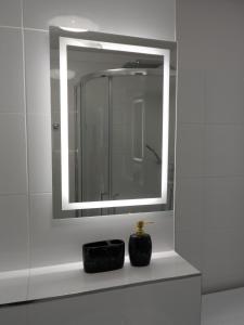 格沃古夫Turkusowy Zakątek Głogów的一间带镜子和黑色肥皂机的浴室