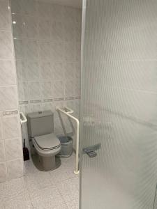佩多拉HOTEL MARIA ROSA的一间带卫生间和玻璃淋浴间的浴室