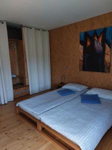 莫斯特纳索契Holiday Home Hisa Gusta的一间卧室设有两张床,墙上挂着一幅画