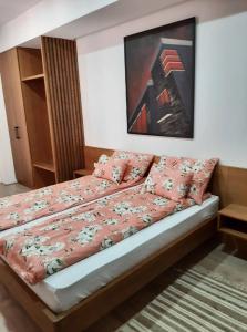 松博尔Apartment Mašić的一间卧室配有一张带粉色床单和绘画的床。