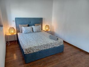 波尔图Enjoy Oporto Campanha 1的一间卧室配有一张带两盏灯的蓝色床。