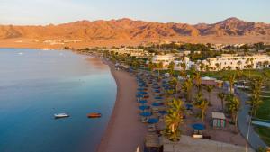 达哈布Safir Dahab Resort的享有棕榈树和遮阳伞海滩的空中景致