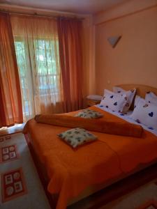 米奥修德萨斯Pensiunea Mario的一间卧室设有两张带橙色床单的床和窗户。