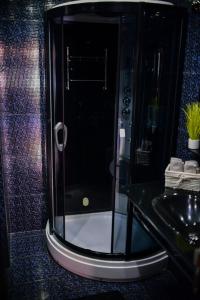 桑丹斯基Medius Park Apartment的一个带水槽的玻璃淋浴间