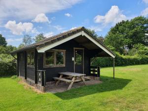 ZwiggelteTrekkershut Plus voor 5 personen incl keuken的黑色小屋,在草地上设有野餐桌