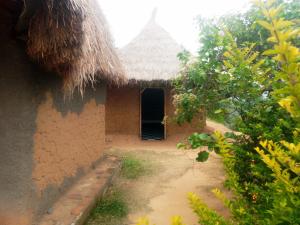 卡塞斯Mbunga Community Tourism Campsite的茅草屋顶和门廊的房子