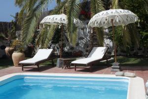 圣地亚哥海滩Villa Parque Mirador的一个带两把椅子和两把遮阳伞的游泳池